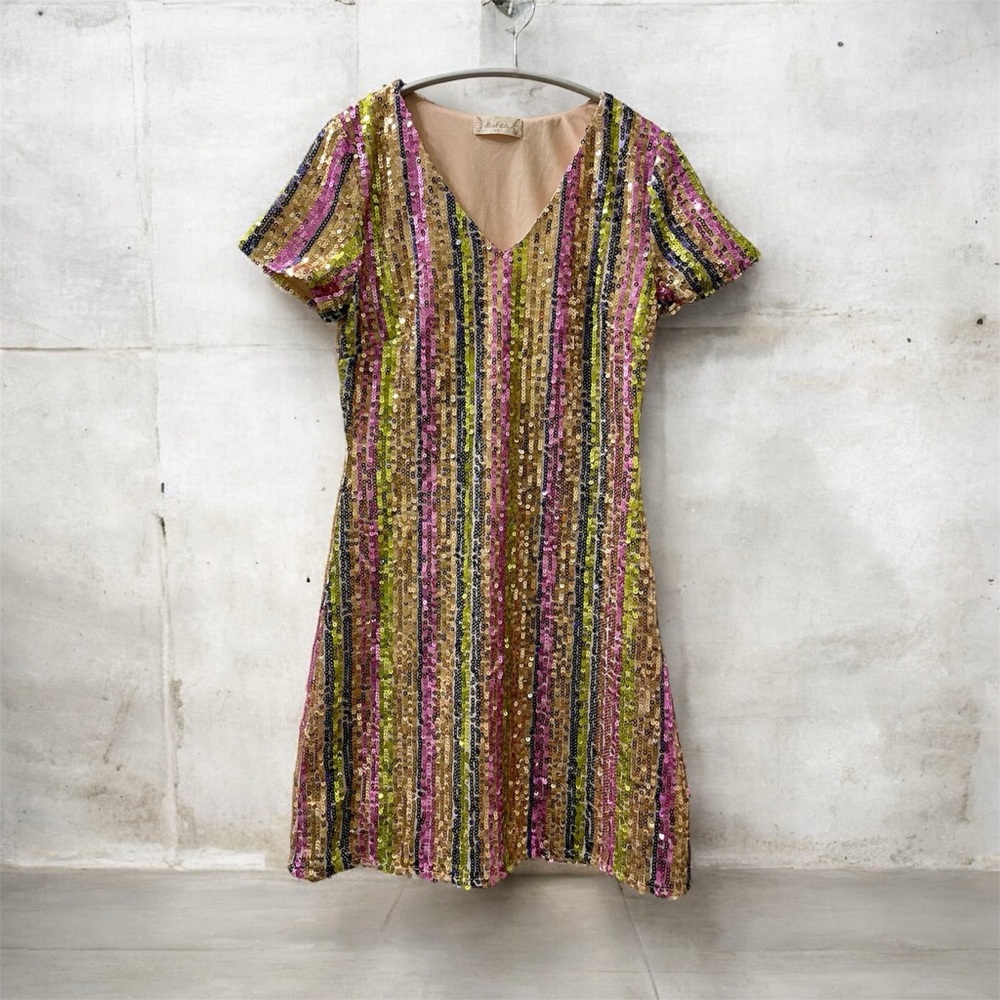 Altar'd State Georgine Vertical Striped
Rainbow Sequin Mini Dress